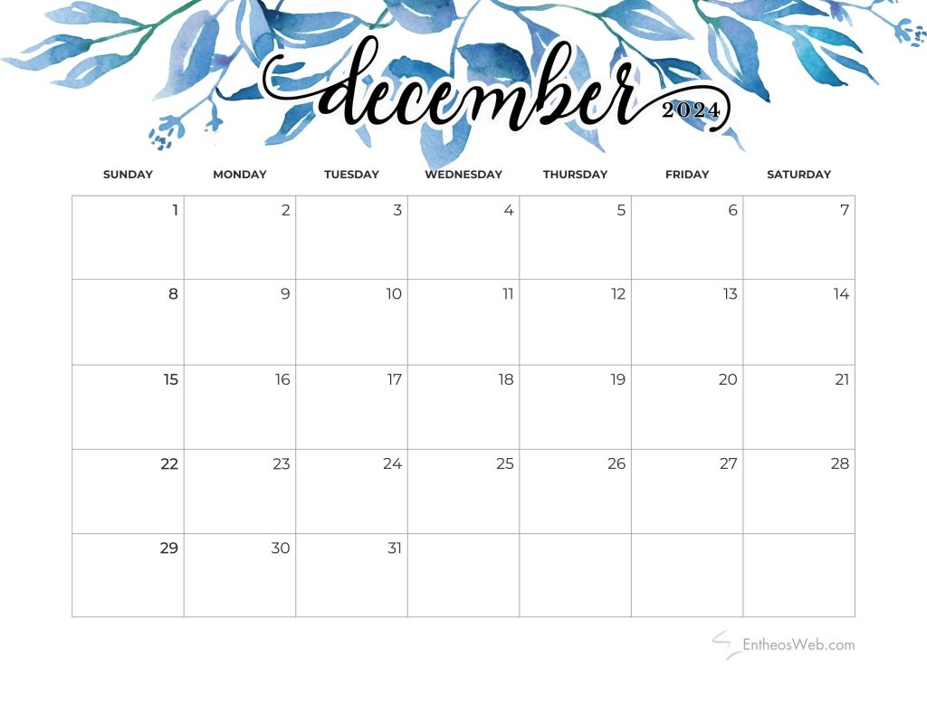 December 2024 calendar   blue watercolor leaves