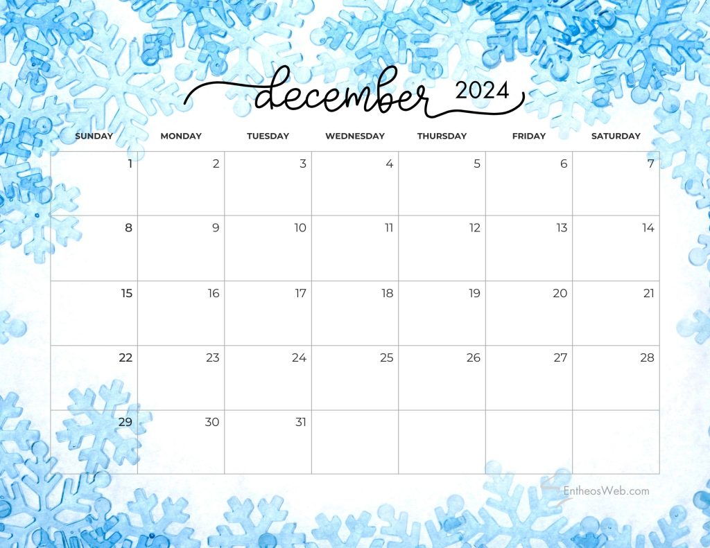 December 2024 calendar   snowflakes background