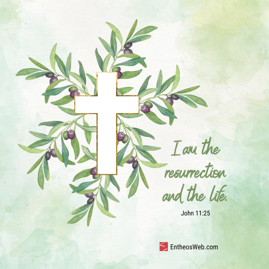 I am the resurrection and the life   image of cross and olive branches