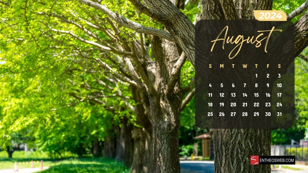 August 2024 calendar desktop wallpaper trees