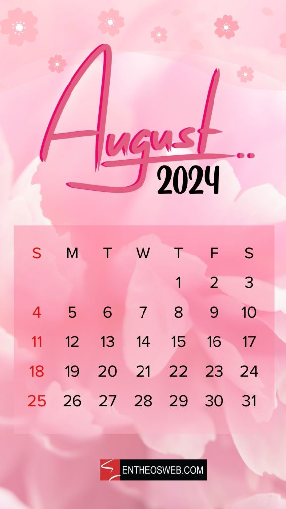 August 2024 calendar phone wallpaper gorgeous pink flower