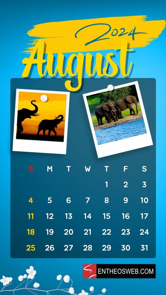 August 2024 calendar phone wallpaper world elephant day