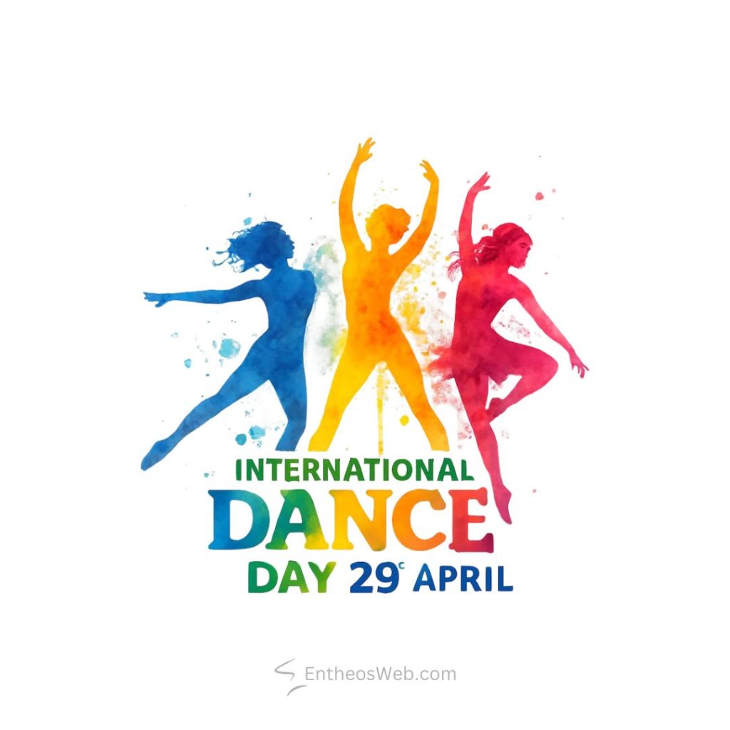 Colorful silhouettes of three dancers in blue yellow and pink with the text international dance day 29 april dance day