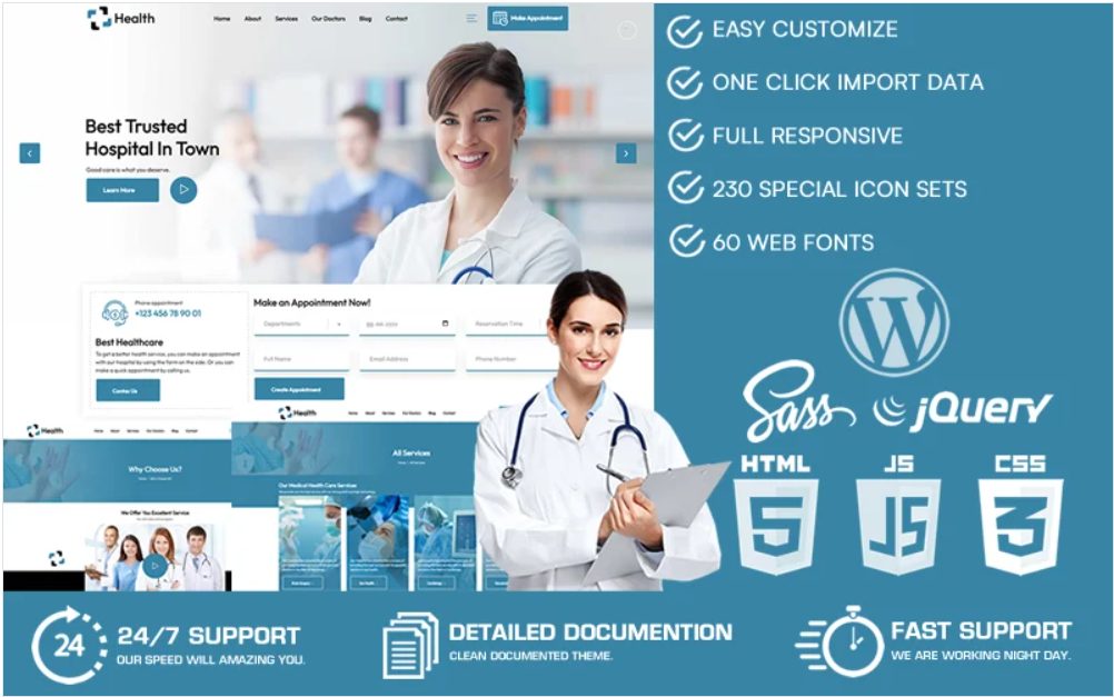 Image | featured template health doctor hospital health wordpress theme | entheosweb Hero collage of a medical website showing doctors ui screens and a blue feature panel promoting healthcare services and online scheduling Image