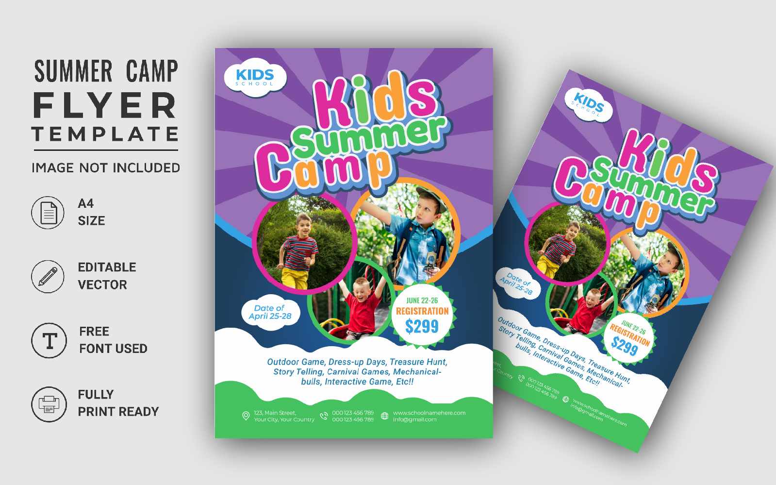 Kids summer camping a4 flyer template Kids vacation trip flyer design