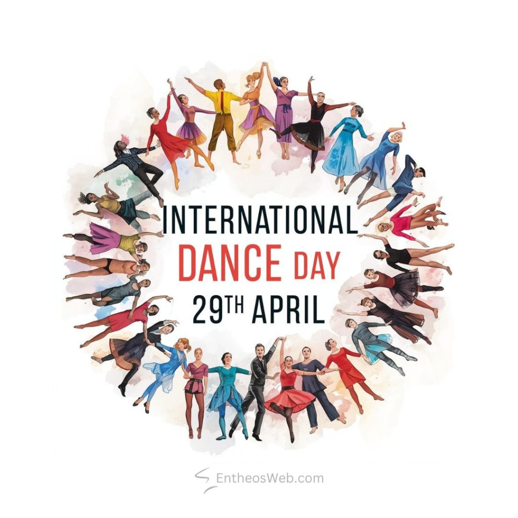 Circle of diverse dancers holding hands around the text international dance day 29th april International dance day 29th april
