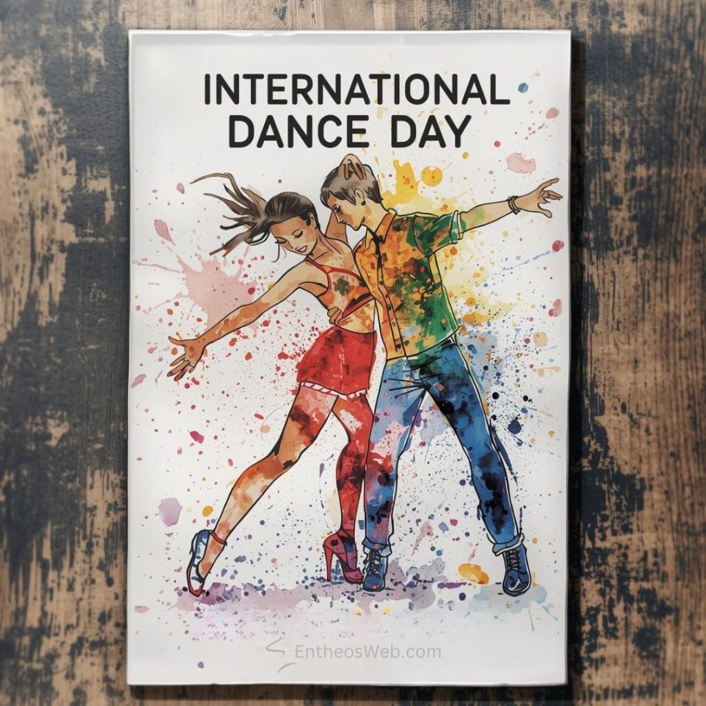 Poster for international dance day with a watercolor illustration of a couple dancing amid paint splashes International dance day april 29th