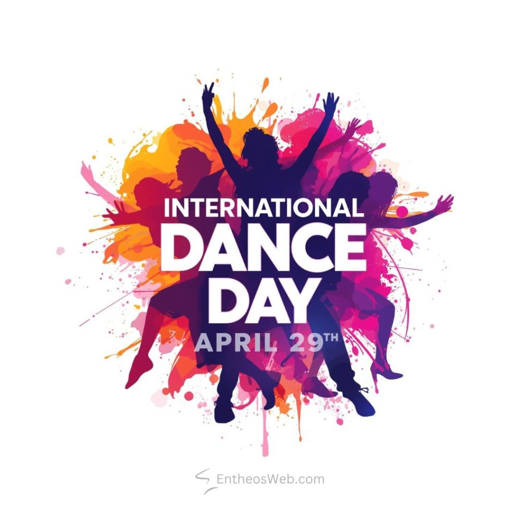 Colorful splash poster with dancing silhouettes and the text international dance day and april 29th International dance day april 29th