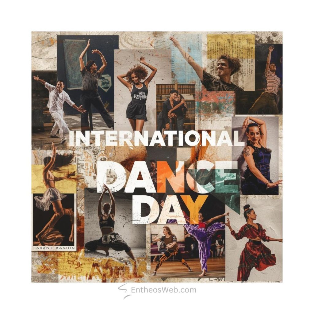 Collage of diverse dancers in action promoting international dance day International dance day april 29th colorful collage