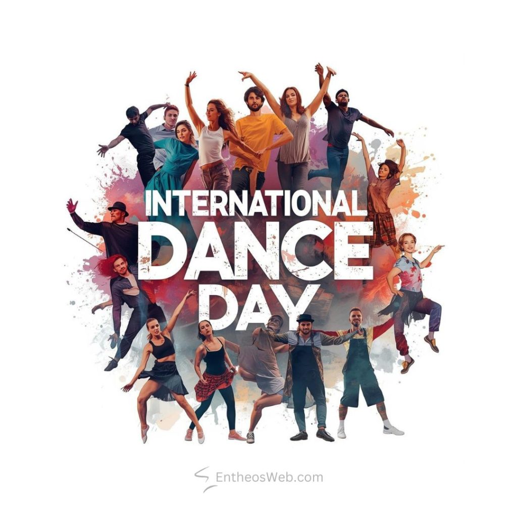 Group of diverse dancers surrounding bold international dance day text celebrating a dance event poster international dance day april 29th colorful collage 2