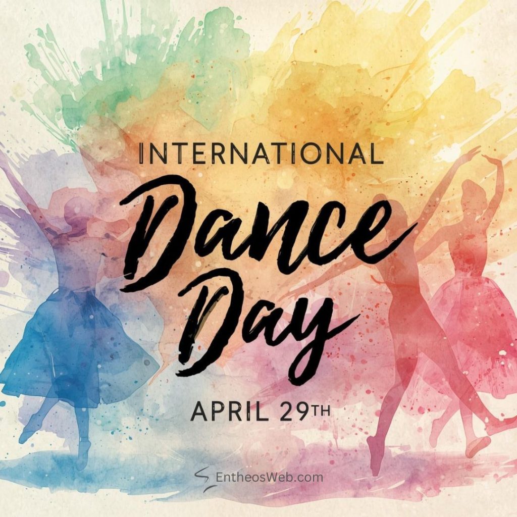 Colorful watercolor poster with dancing silhouettes and the text international dance day and april 29th International dance day april 29th watercolor