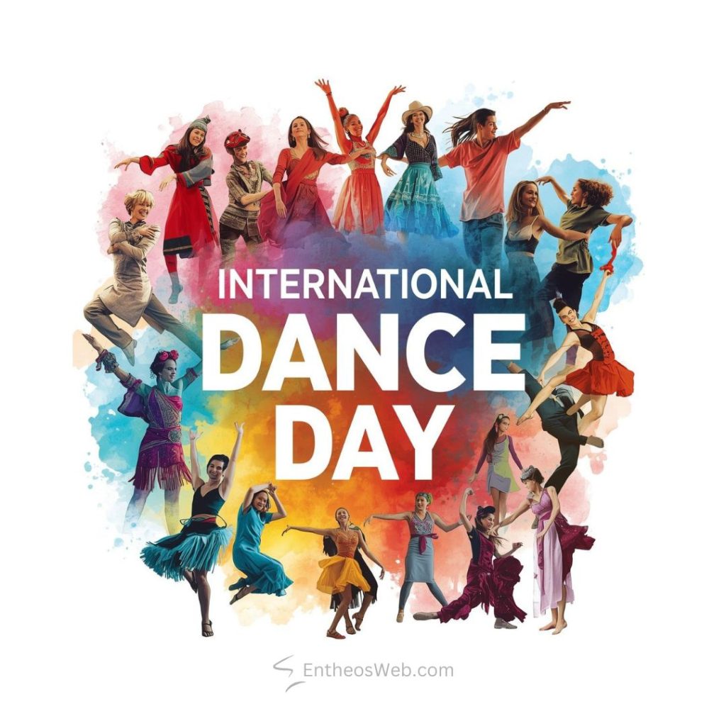 Group of diverse dancers in colorful outfits around the text international dance day with rainbow watercolor background International dance day colorful collage