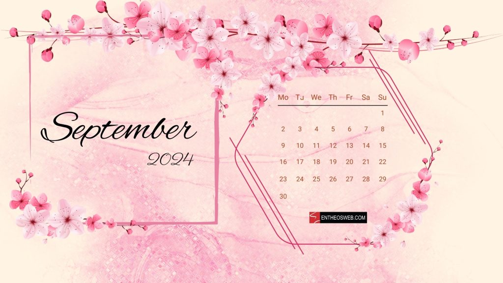 September 2024 calendar desktop wallpaper   pink flowers