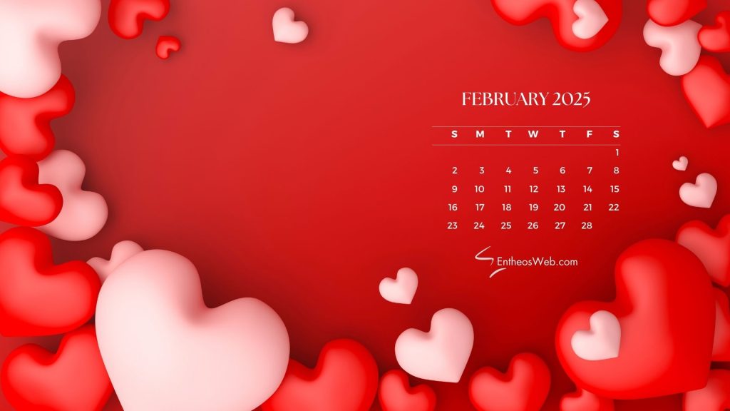 February 2025 desktop wallpaper   red background with hearts