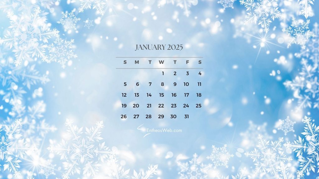 January 2025 Wallpaper Calendar Snowflakes Background | January 2025 Wallpaper for Laptops and Desktops | Entheosweb January 2025 calendar desktop wallpaper
