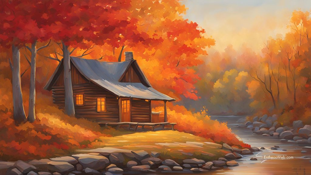 Autumn and fall wallpaper background with log hut and river
