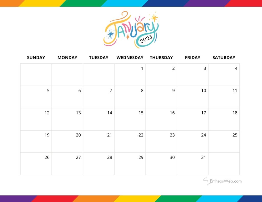 January 2025 calendar   colorful
