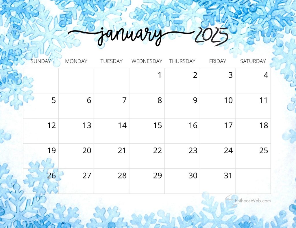 January 2025 calendar printable   snowflakes