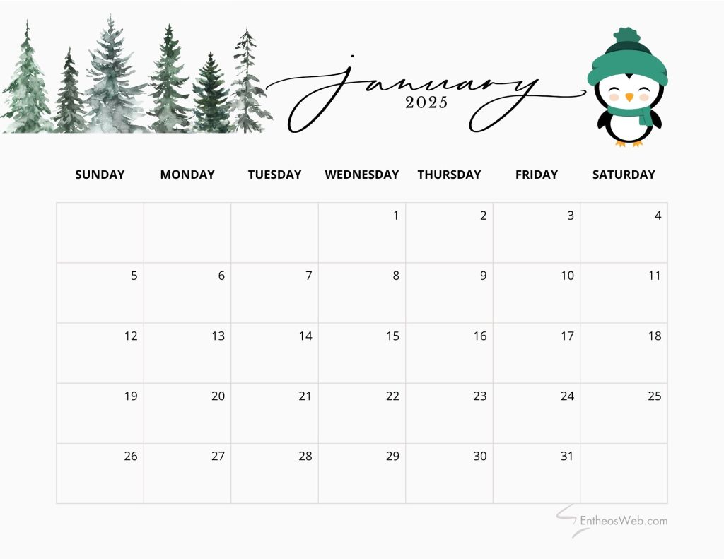 Free january 2025 calendar  printable   christmas trees