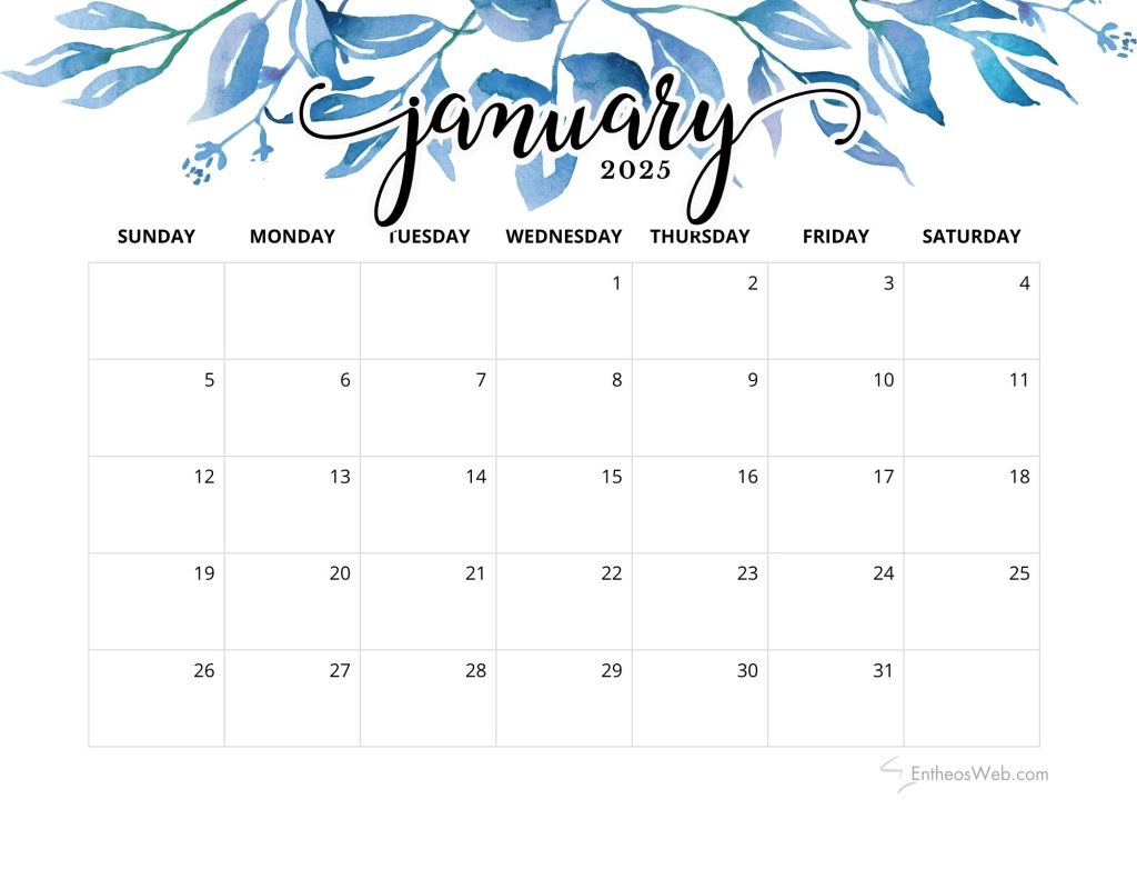 Free january 2025 calendar pdf printable   blue leaves