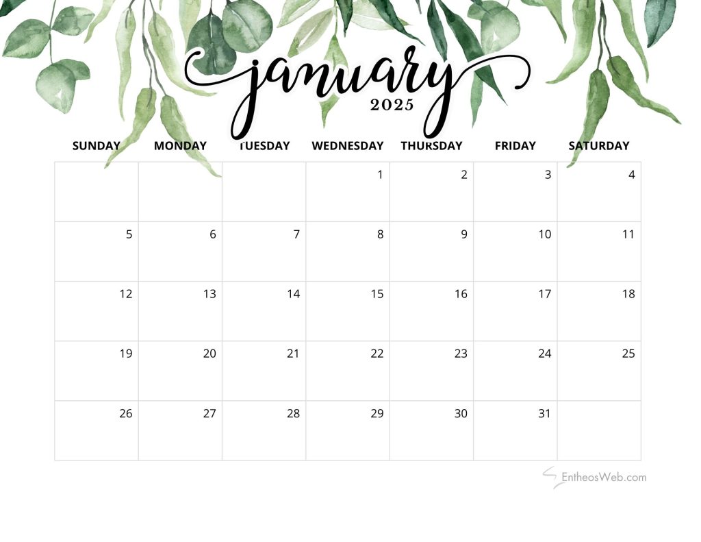 January 2025 calendar printable   leaf design