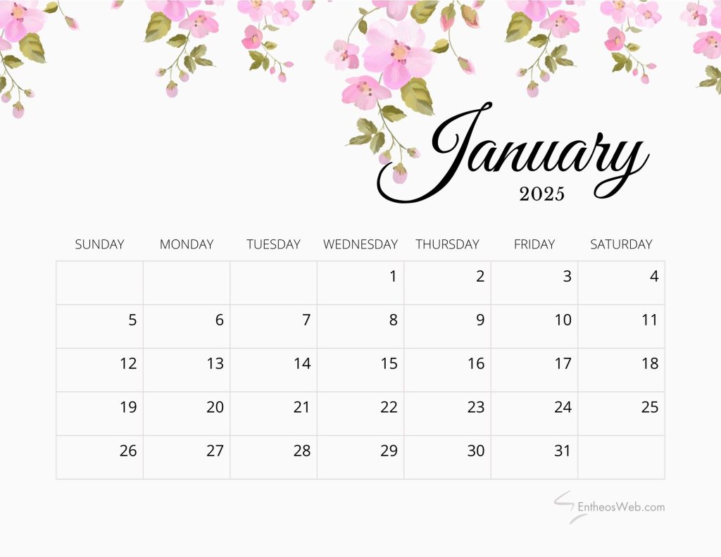 January 2025 calendar pdf printable   pink flowers