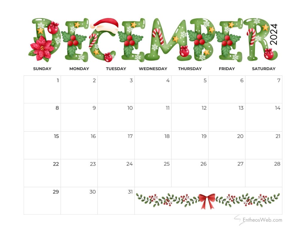 December 2024 calendar planner   christmas themed alphabets