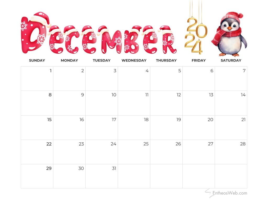 December 2024 calendar planner   winter alphabets cute penguin