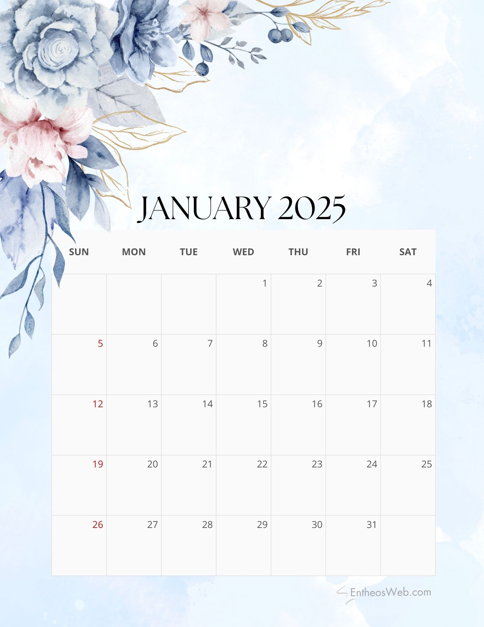 2025 Floral Monthly Calendar Free PDF Printable | EntheosWeb