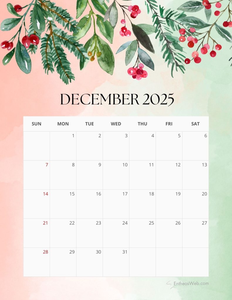 Free december 2025 calendar printable