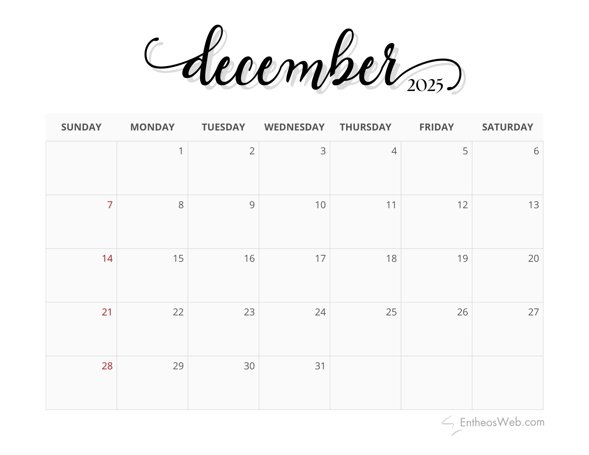 December 2025 Calendars EntheosWeb