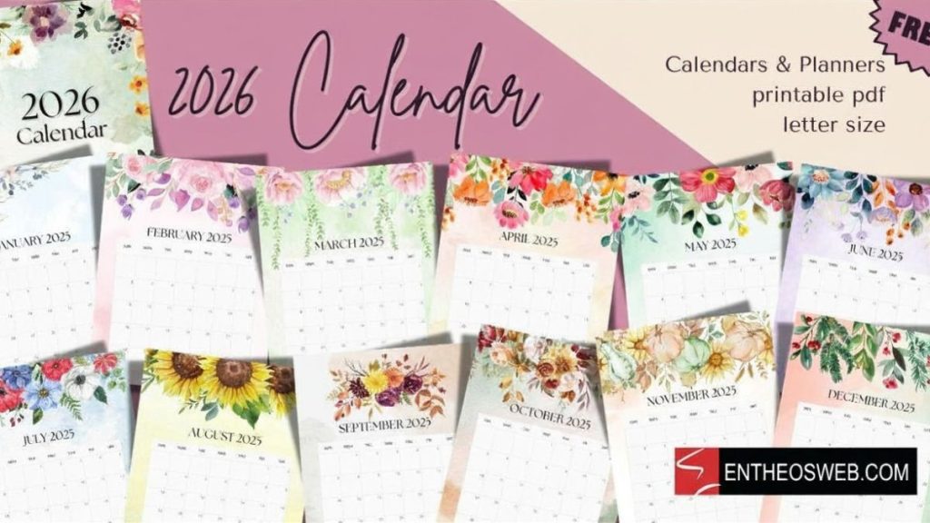 Floral monthly calendar for 2026