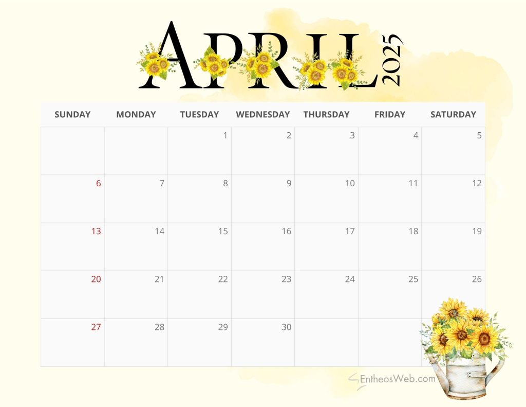 2025 Sunflowers Calendar Printable EntheosWeb April 2025 Sunflower Design By Entheosweb 1024x791