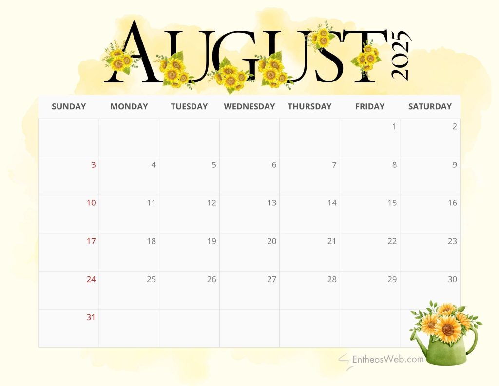 2025 Sunflowers Calendar Printable EntheosWeb August 2025 Sunflower Design By Entheosweb 1024x791