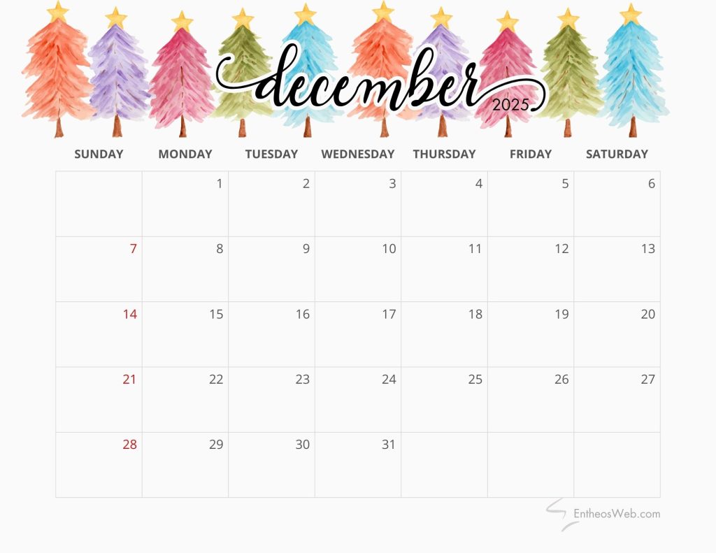 December 2025 calendar printable   colorful christmas trees