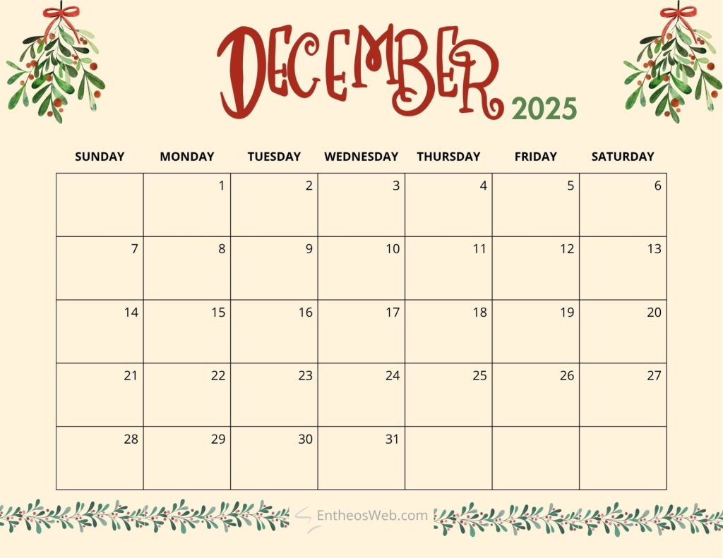 December 2025 calendar mistletoe