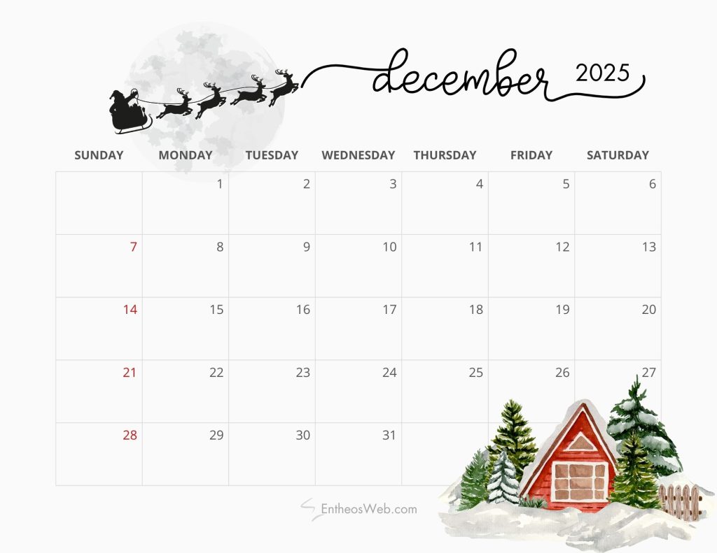 December 2025 calendar reindeer design free pdf printable