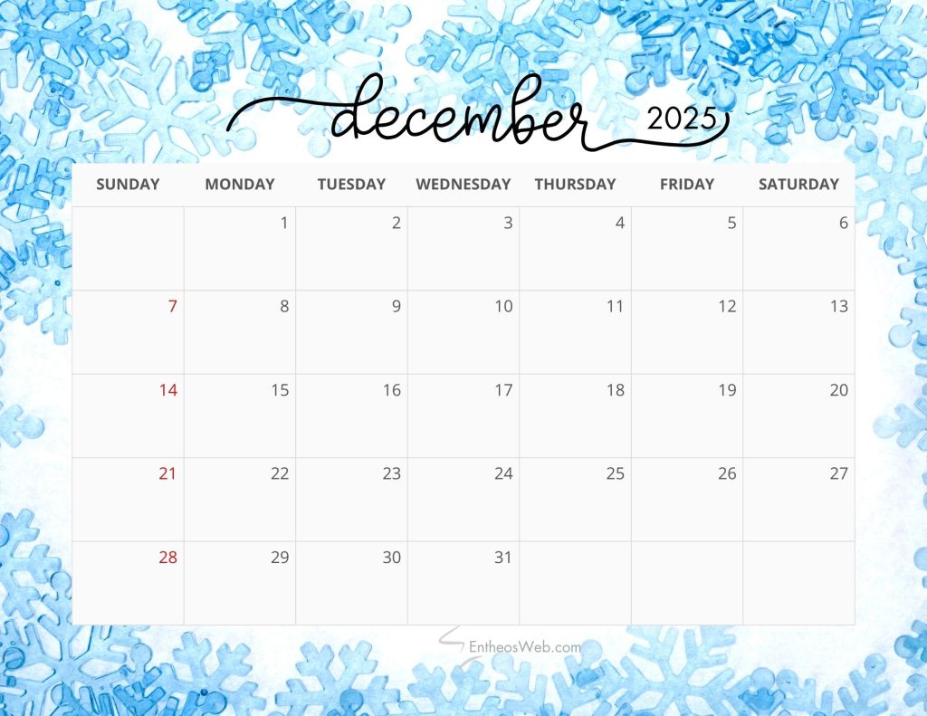 Free december 2025 calendar   snowflakes border