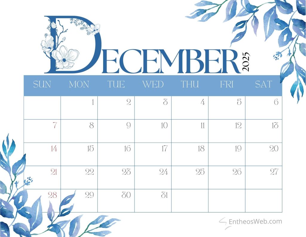 December 2025 Calendar – Free Printable PDF Downloads | EntheosWeb