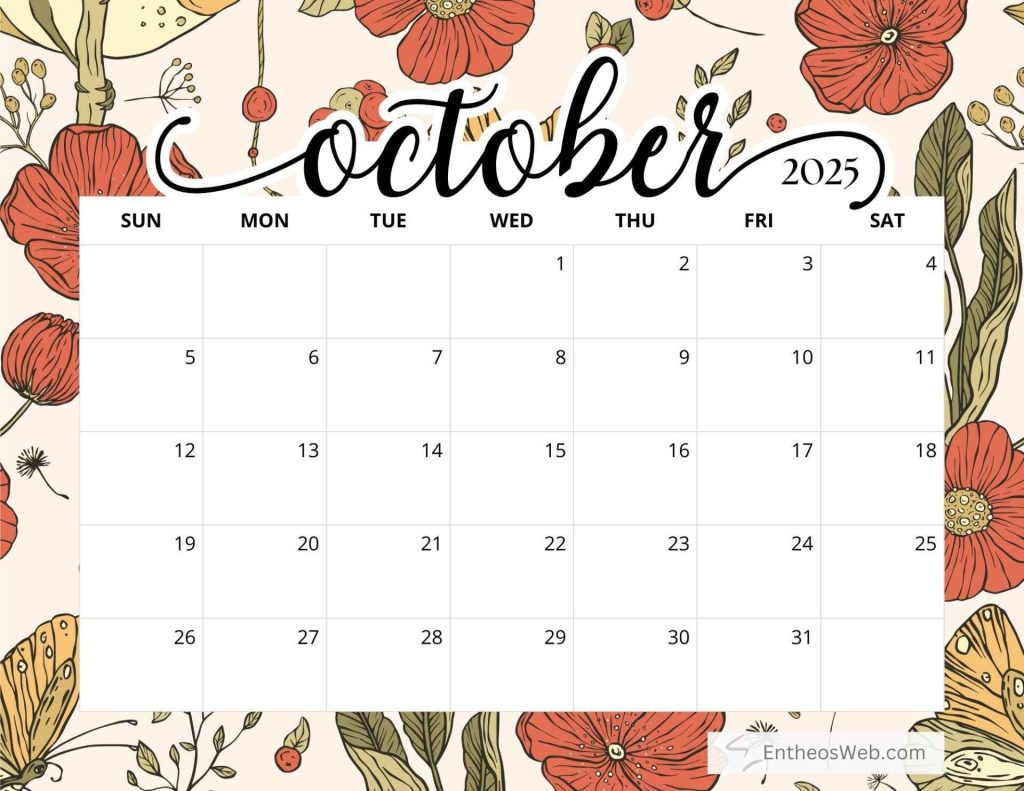 Free printable october 2025 calendar brown floral by entheosweb 1