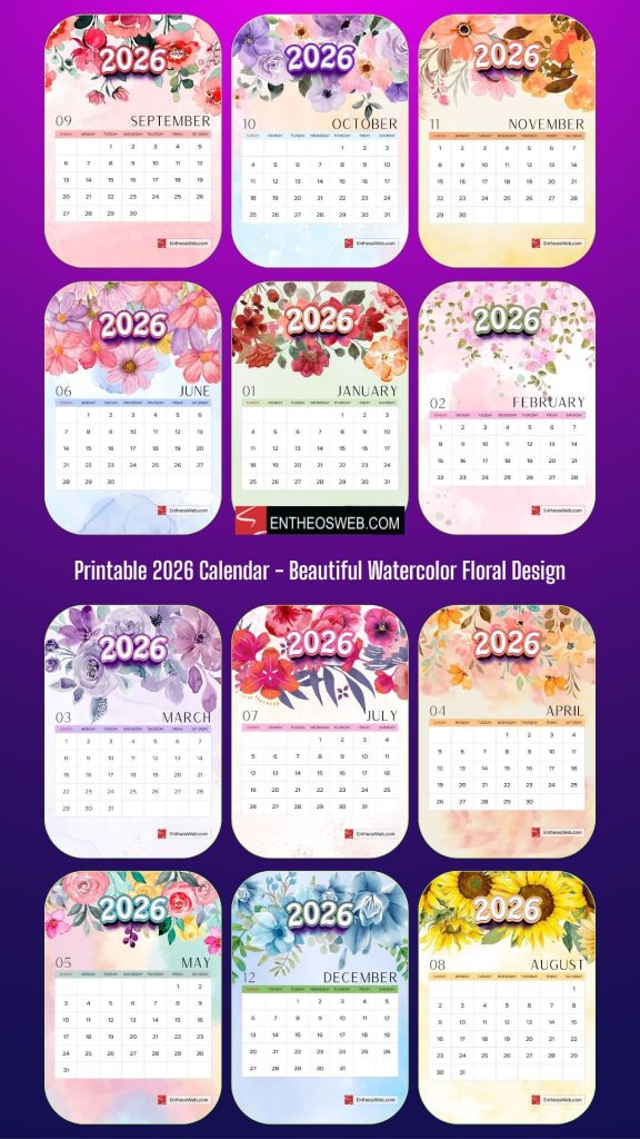 Floral watercolor calendar 2026