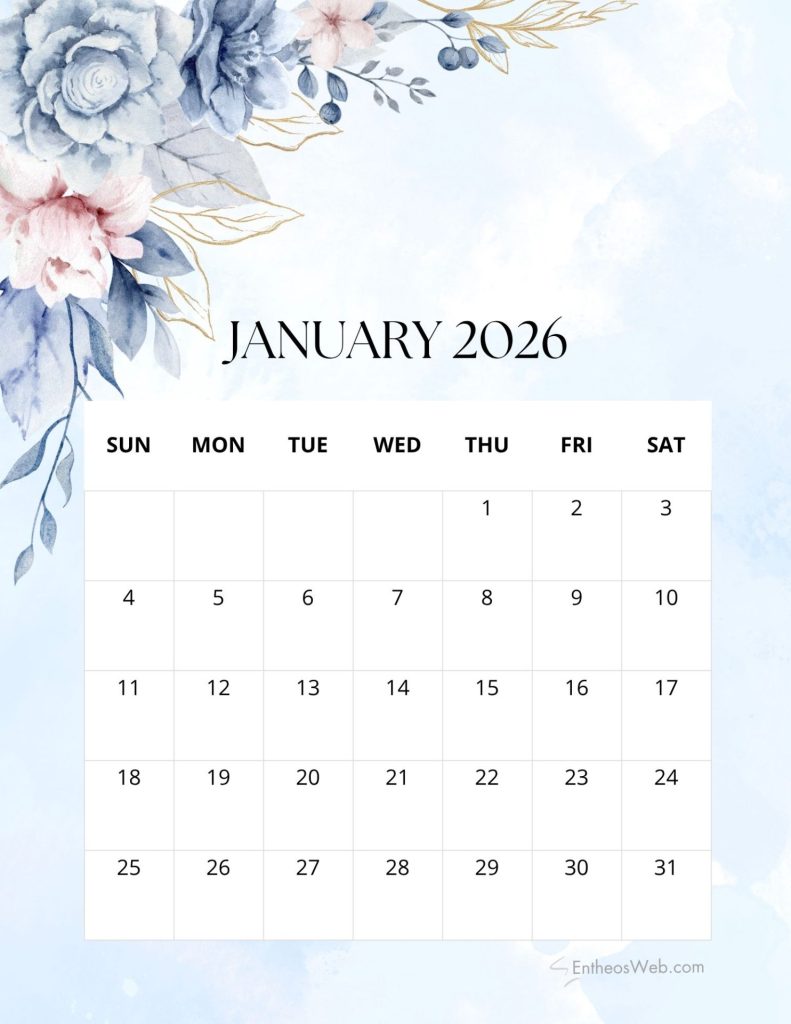 January 2026 blue floral printable calendar