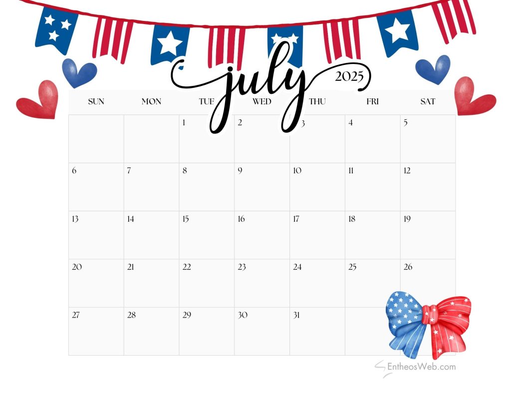 July 2025 calendar printable 4th of july