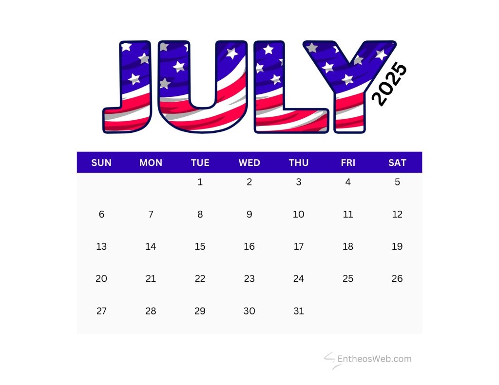 July calendar 2025   4th of july theme
