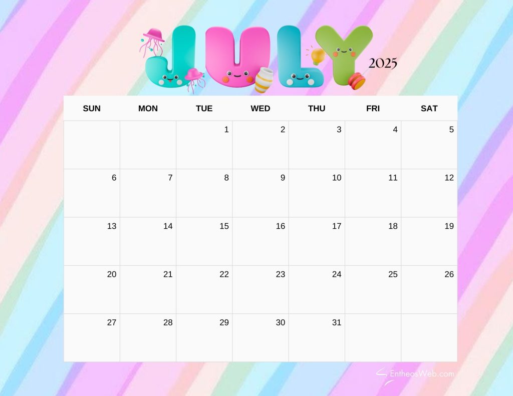 Cute colorful july 2025 calendar printable for kids with smiley alphabets