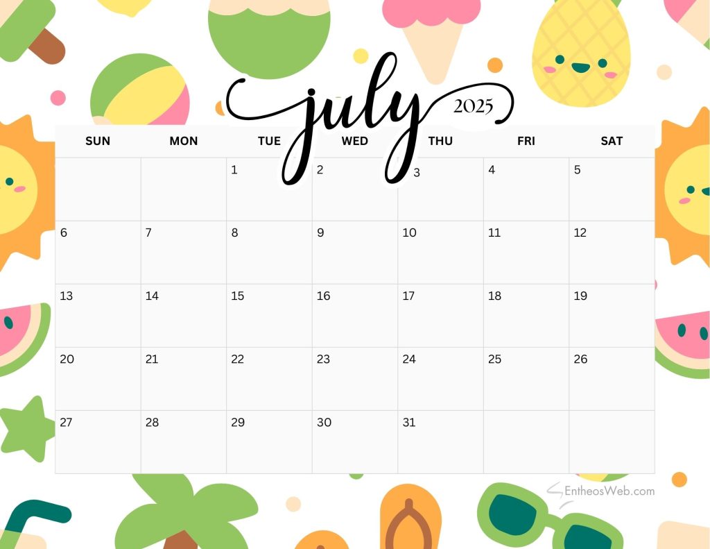 Cute july 2024 calendar free printable summer