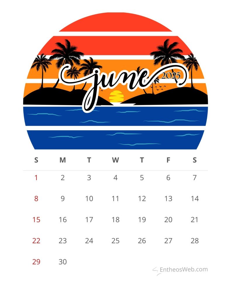 June calendar 2025 printable   beach retro
