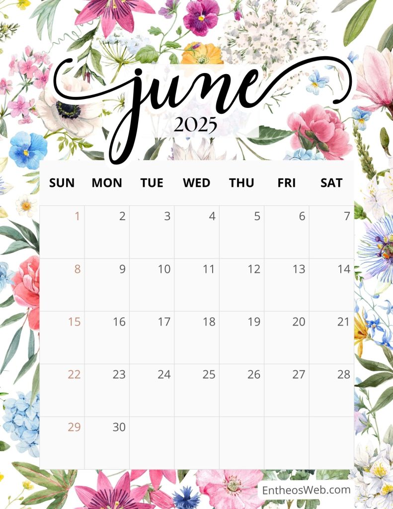 June calendar 2025 floral background