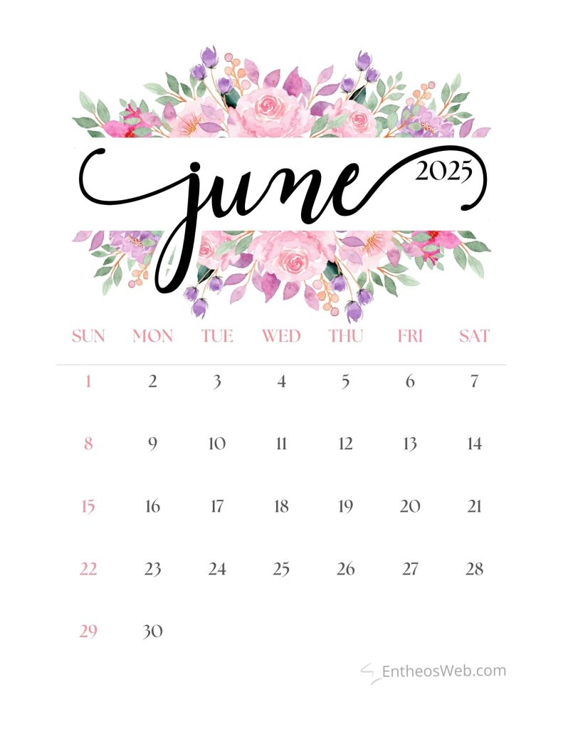 June calendar 2025 printable   pink floral header