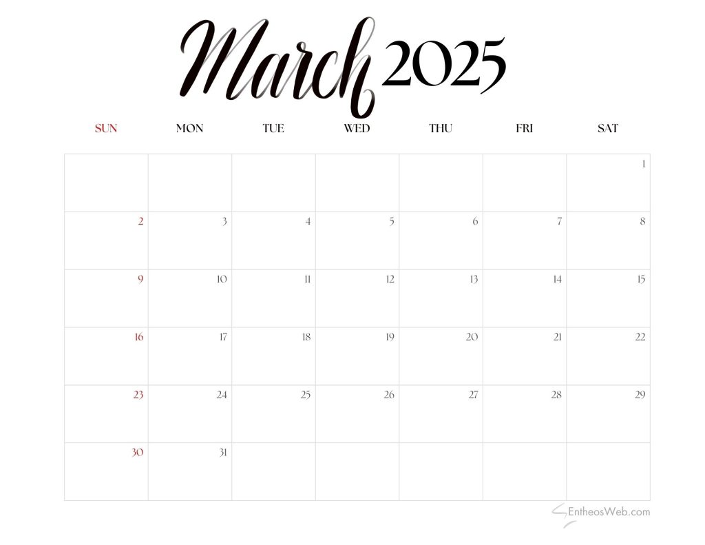 March 2025 calendar   simple black and white